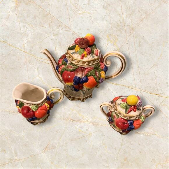 Fitz & Floyd Classics 3-Piece Fruit Embossed Teapot, Sugar Bowl & Creamer Set - Picture 1 of 14